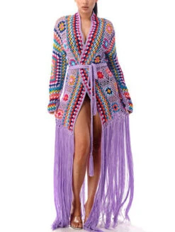 Long Sleeve Crochet Fringe Robe 6 Long Sleeve Crochet Fringe Robe -Chantelle Sales Store BoswellLongSleeveCrochetFringeRobeMSC1303LavenderFront